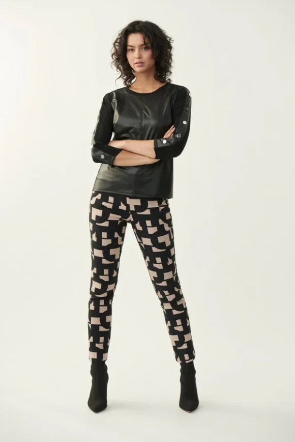 Joseph Ribkoff 213297 Black/Sand Abstract Print Trousers