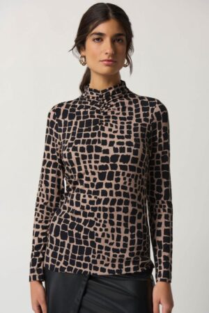 Joseph Ribkoff 233290 Black/Latte Animal Print Top