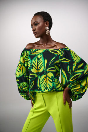 Joseph Ribkoff 241277 Leaf Print Off The Shoulder Top