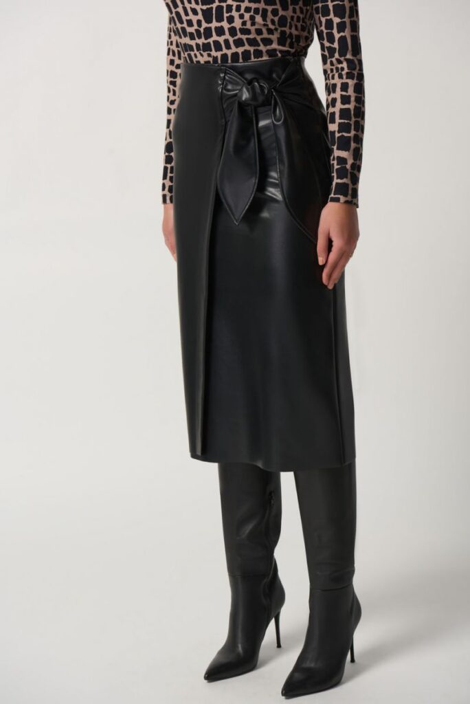 Joseph Ribkoff 233297 Black Bow Detail Faux Leather Skirt
