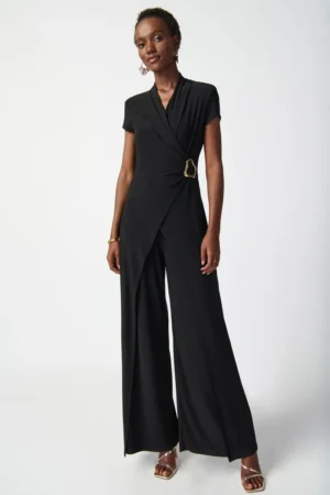 Joseph Ribkoff 241139 Black Buckle Detail Wrap Front Jumpsuit