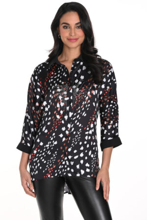 Frank Lyman 243521U Black/Multi Print Embellished Blouse