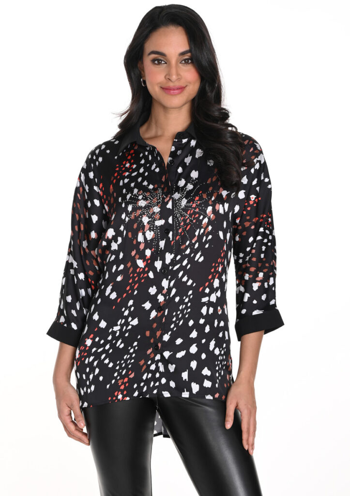 Frank Lyman 243521U Black/Multi Print Embellished Blouse