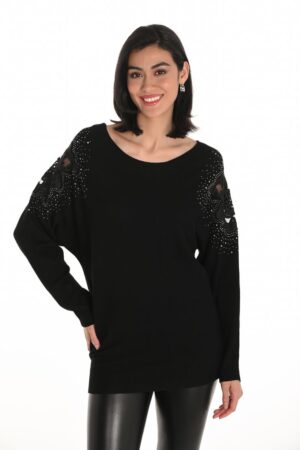 Frank Lyman 253740 Black Embellished Long Knit Top
