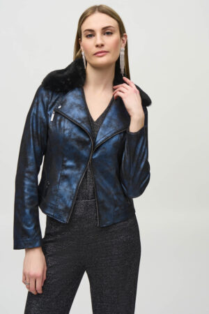 Joseph Ribkoff 244918 Foiled Suede Jacket with Faux-Fur Collar