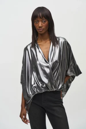 Joseph Ribkoff 244232 Pewter Metallic Foiled Chiffon Wrap Top