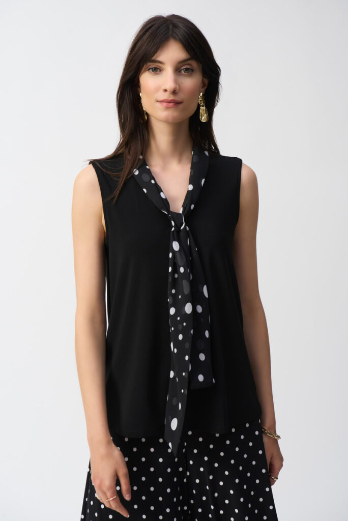 Joseph Ribkoff 251078 Black/Vanilla Silky Knit Top With Dot Tie