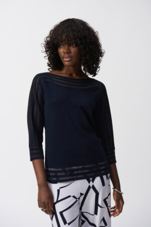 Joseph Ribkoff 251946 Midnight Blue Mesh Stripe Detail Knit Top
