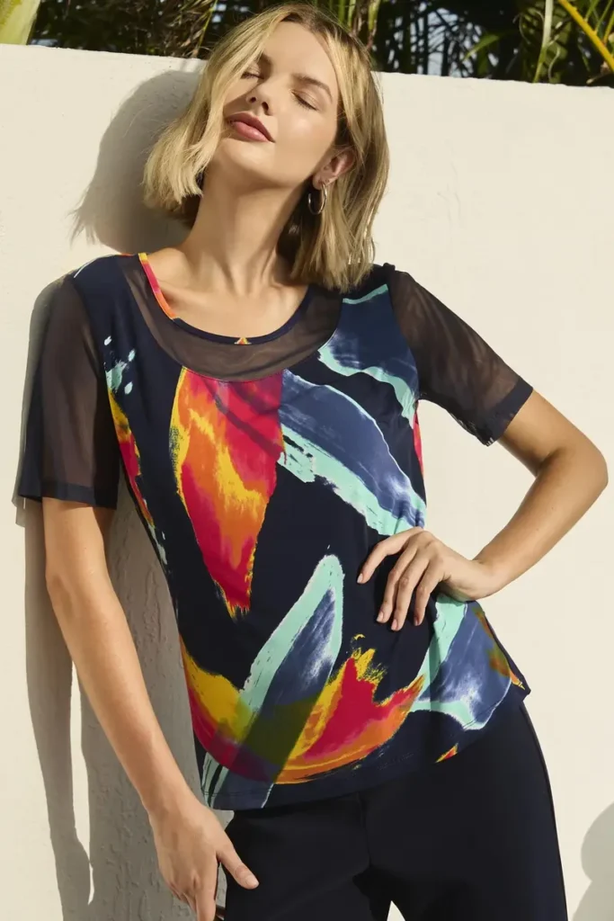 Frank Lyman 256386 Navy/Multi Mesh Detail Top