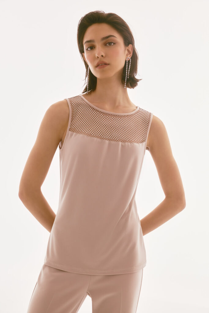 Joseph Ribkoff 243757 Sand Rhinestone Mesh Top