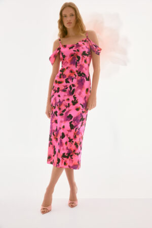 Joseph Ribkoff 251737 Satin Floral Dress With Cold Shoulder