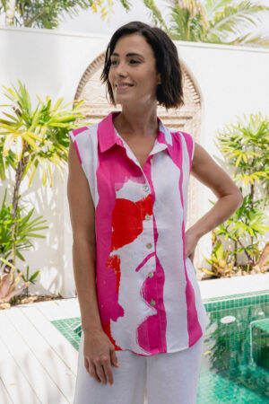 See Saw SS79 Pink/Orange Sake Print Sleeveless Linen Shirt