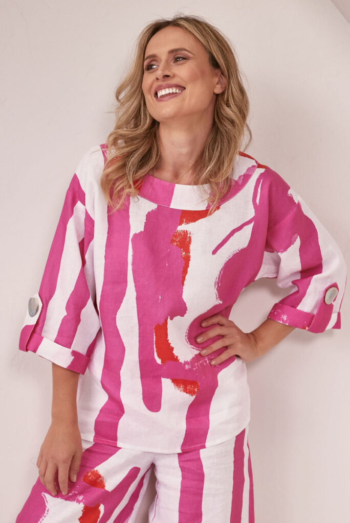 See Saw SS80 Pink/Orange Sake Print Button Detail Linen Top