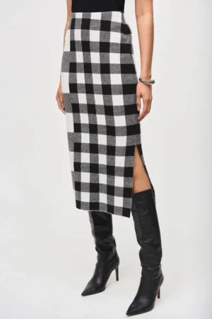 Joseph Ribkoff 243947 Black/Vanilla Plaid Jacquard Knit Skirt
