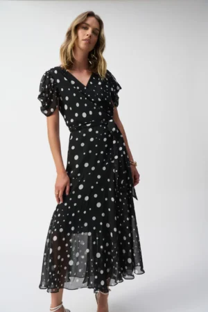 Joseph Ribkoff 251907 Chiffon Dot Print Wrap Dress