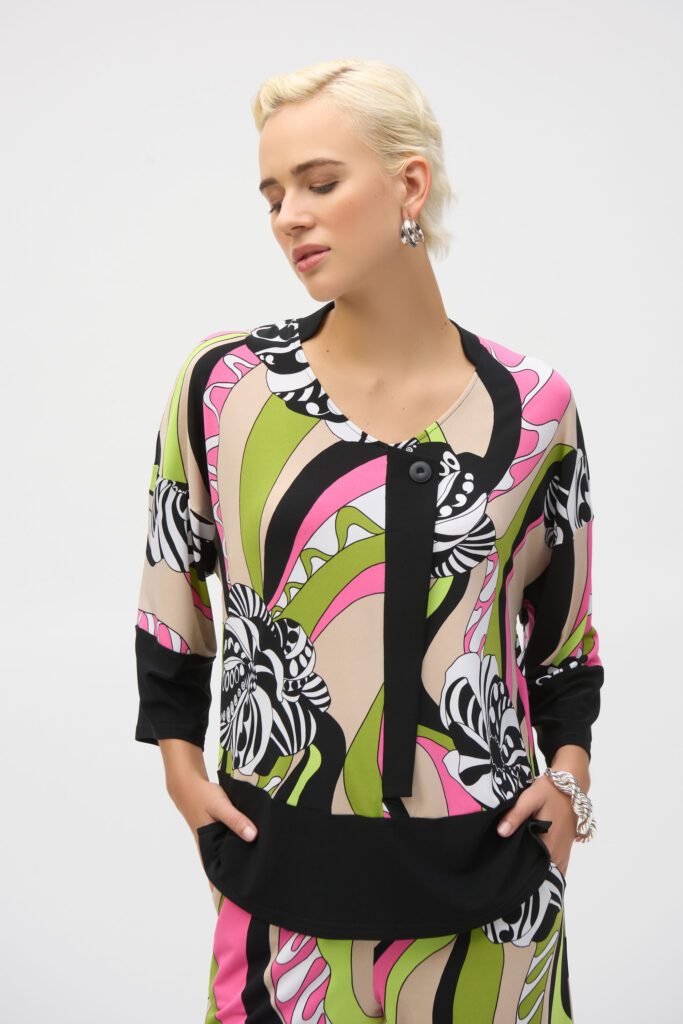 Joseph Ribkoff 252106 Black/Multi Silky Knit Retro Print Tunic