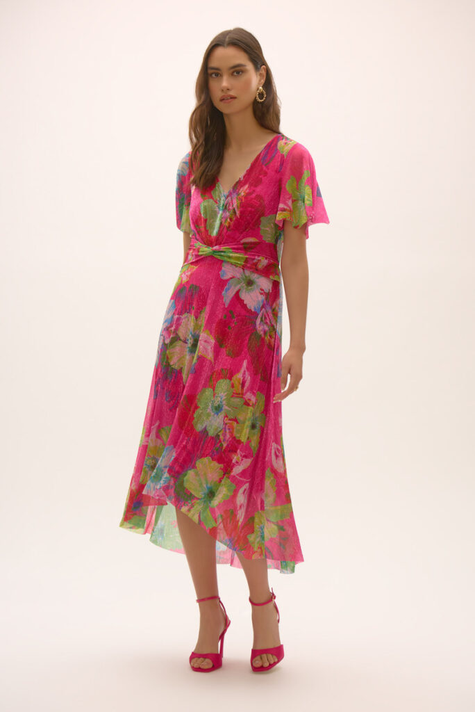 Joseph Ribkoff 252707 Multi Crinkle and Mesh Floral Print Dress