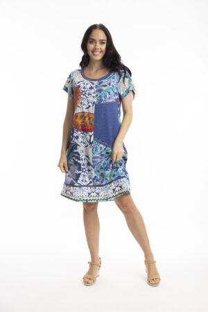 Orientique 30040 Blue/Multi Print Cayman Patch Dress