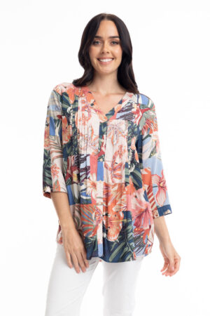 Orientique 72481 Multi Print Luzon 3/4 Sleeve Pleated Top
