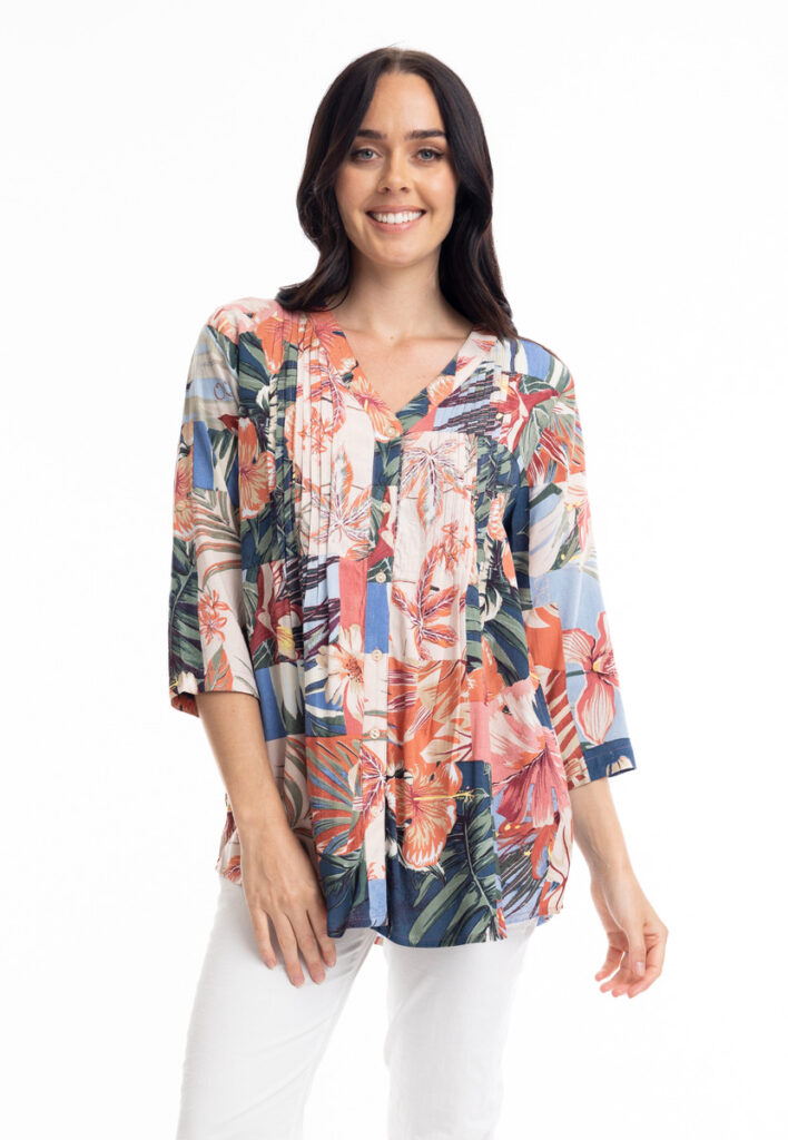 Orientique 72481 Multi Print Luzon 3/4 Sleeve Pleated Top