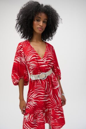 Joseph Ribkoff 252089 Red/Cream Tropical Print Flounced Dress