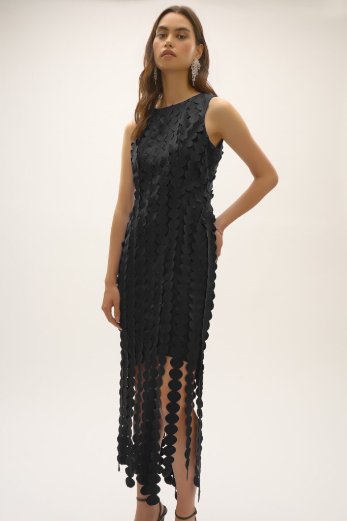 Joseph Ribkoff 252712 Black Sleeveless Dress with Circle Fringes