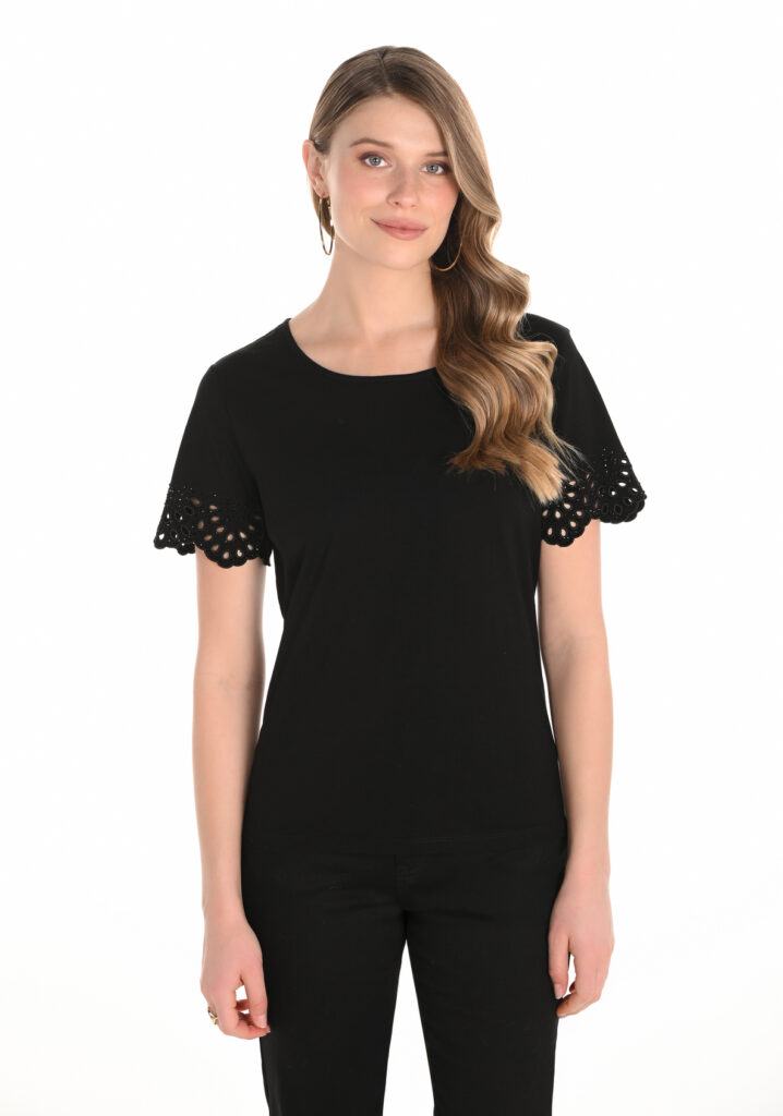 Frank Lyman 253748 Black Embroidered Short Sleeve Top