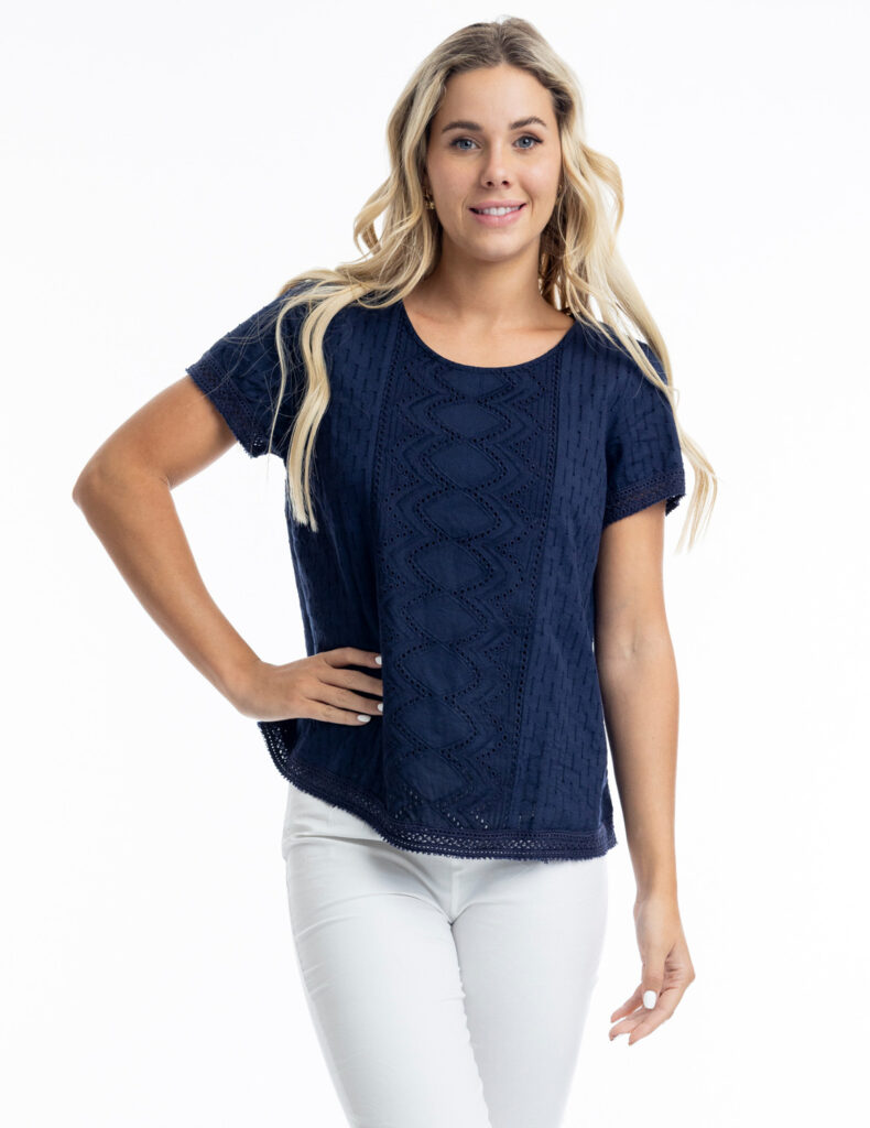 Orientique 42097 Navy Essential Broderie Cotton Top