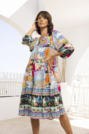 Escape By OQ 30093 Lana Multi 3/4 Sleeve Layered Dress