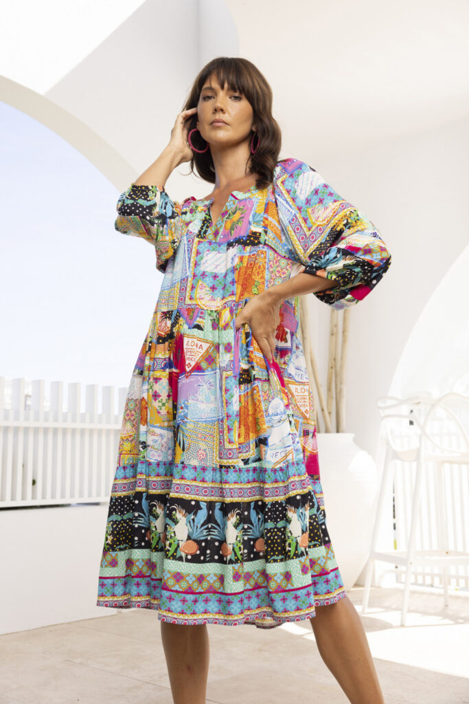 Escape By OQ 30093 Lana Multi 3/4 Sleeve Layered Dress