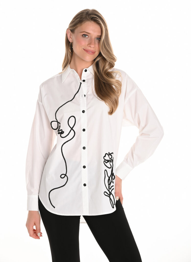 Frank Lyman 251556 White/Black Embroidered Woven Shirt