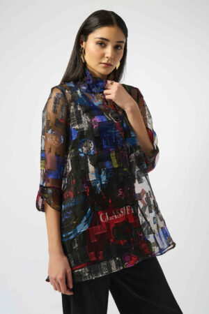 Joseph Ribkoff 253254 Burnout Organza Word Print Long Blouse