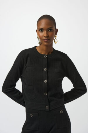 Joseph Ribkoff 253983 Black Crew Neck Button-Front Knit Jacket