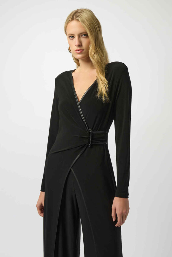 Joseph Ribkoff 253249 Black Wide-Leg Leatherette Jumpsuit