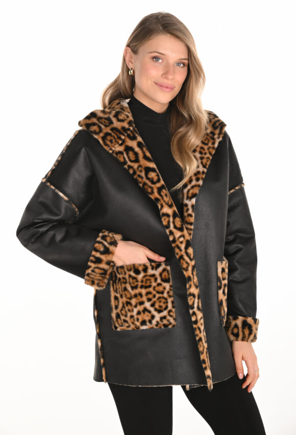 Frank Lyman 253873 Black/Leopard Reversible Coat
