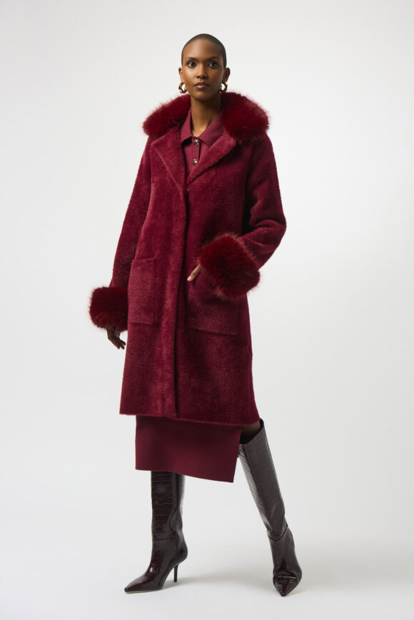 Joseph Ribkoff 243923 Merlot Feather Yarn and Faux Fur Knit Coat