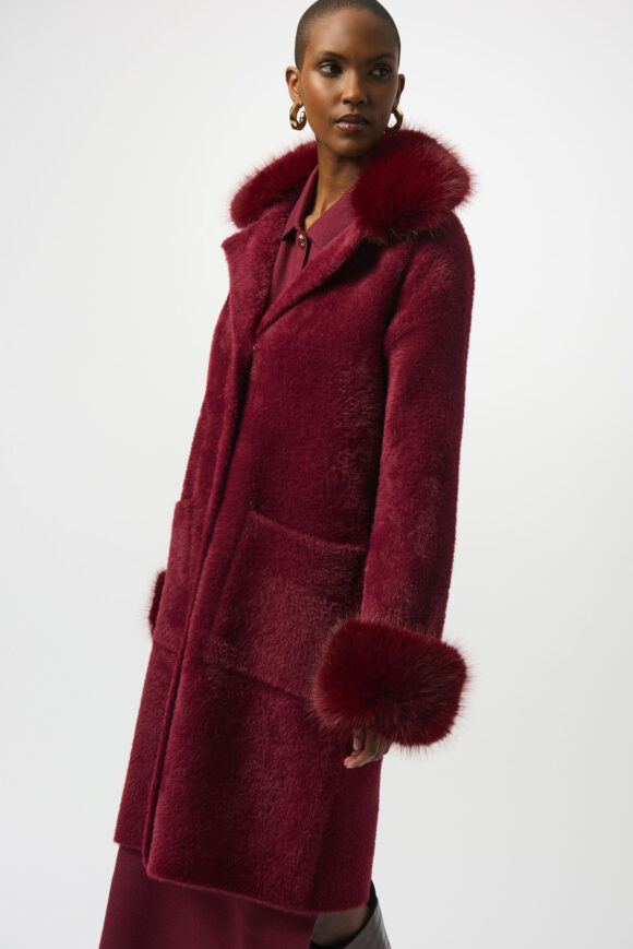 Joseph Ribkoff 243923 Merlot Feather Yarn and Faux Fur Knit Coat