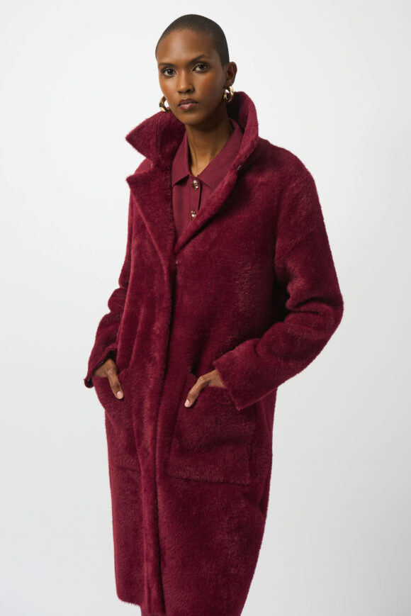 Joseph Ribkoff 243923 Merlot Feather Yarn and Faux Fur Knit Coat