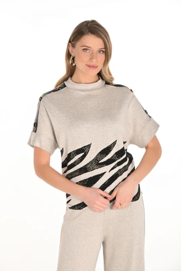 Frank Lyman 253338 Black/Beige Print Knit Top