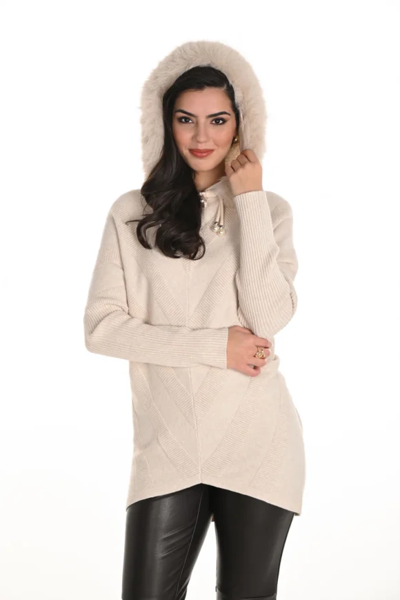 Frank Lyman 253780 Oatmeal Knit Hoodie With Pearl Detail