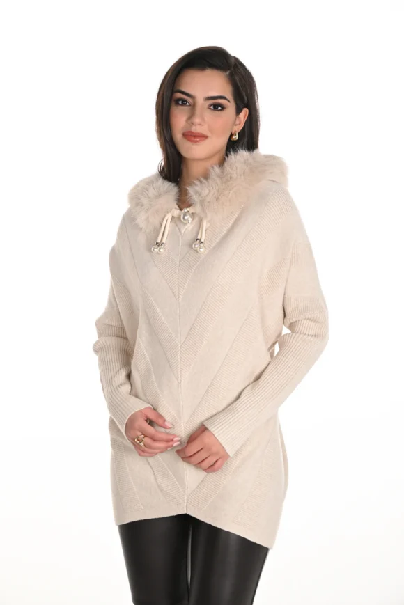 Frank Lyman 253780 Oatmeal Knit Hoodie With Pearl Detail