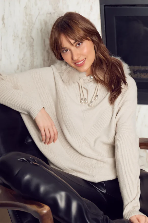 Frank Lyman 253780 Oatmeal Knit Hoodie With Pearl Detail
