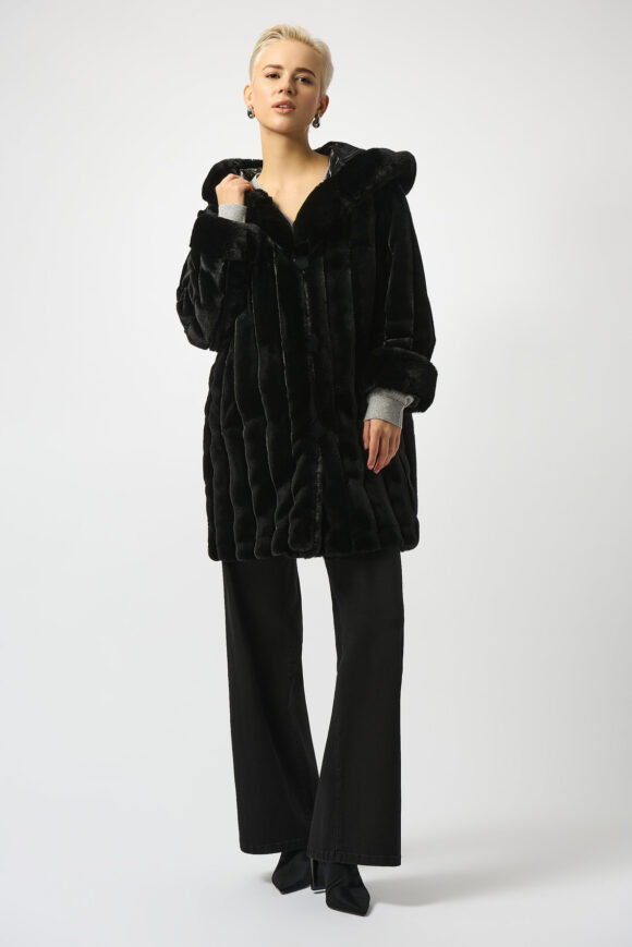 Joseph Ribkoff 253926 Black Faux Fur Reversible Hooded Coat