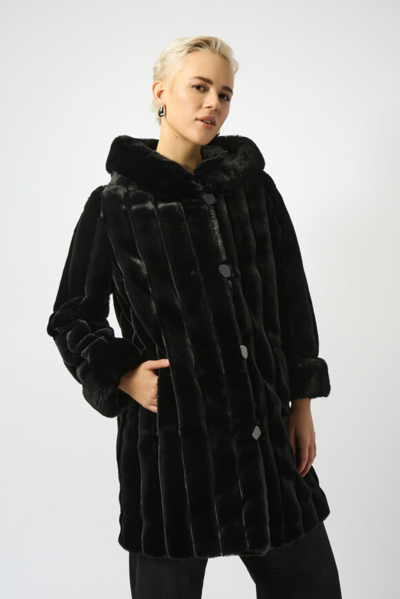 Joseph Ribkoff 253926 Black Faux Fur Reversible Hooded Coat