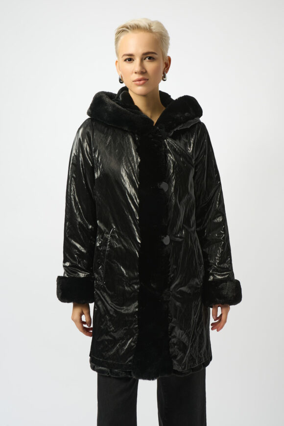 Joseph Ribkoff 253926 Black Faux Fur Reversible Hooded Coat