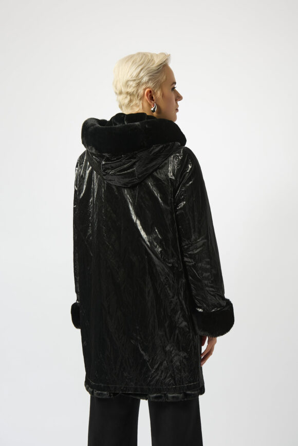 Joseph Ribkoff 253926 Black Faux Fur Reversible Hooded Coat