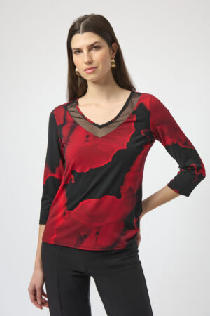 Joseph Ribkoff 254095 Black/Red Abstract Print Fitted Top