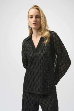 Joseph Ribkoff 254116 Black Lurex Cascade and Silky Knit Top