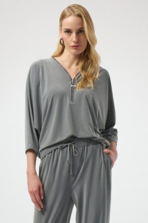 Joseph Ribkoff 253205 Grey Melange Top With Zipper Detail