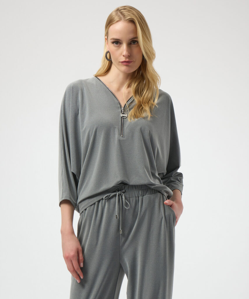 Joseph Ribkoff 254205 Grey Melange Top With Zipper Detail